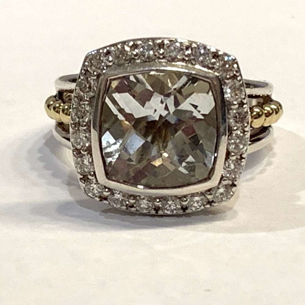 Lagos SS & 18K Gold White Topaz & Diamond Ring,